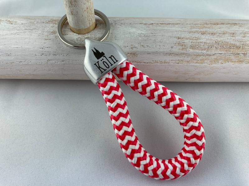 Schlüsselanhänger Aus Segelseil Mit Versilberter Endkappe Gravur "Köln", Rot-Weiß, Segeltau, Maritm, Fußball, Eishockey, Stadt, Sport von 20glueckSMomente18