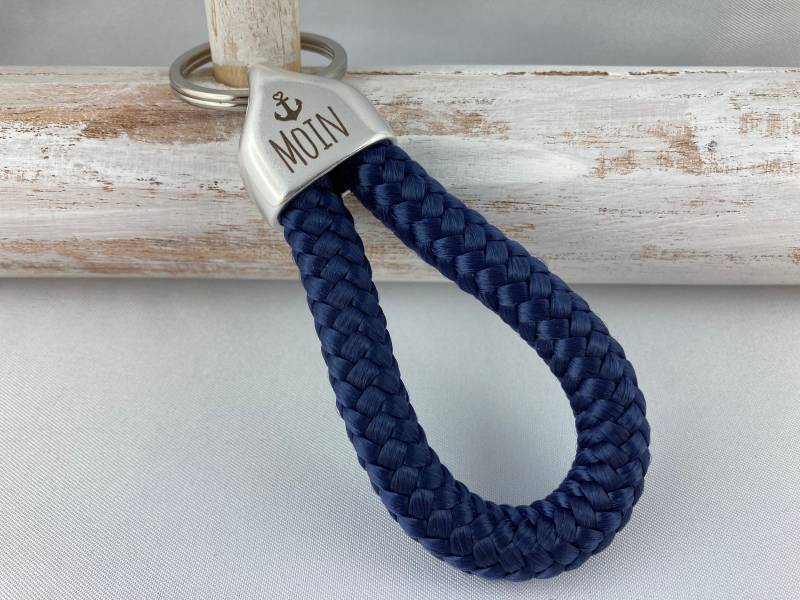 Schlüsselanhänger Aus Segelseil Mit Versilberter Endkappe Gravur "Moin", Dunkelblau, Segeltau, Maritim, Meer, Küste, Anker, Wohnmobil von 20glueckSMomente18