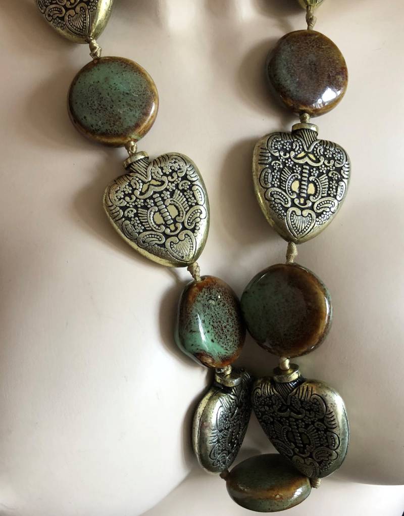 Grün & Bernstein Keramik Perlenkette Gold Herz Perlen von 20thCenturyStuff