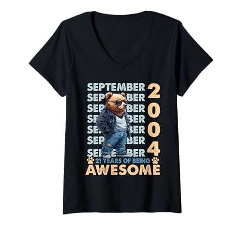 Damen 21st Birthday Bear Legends September 2004 21 Years Old Mens T-Shirt mit V-Ausschnitt Damen 21st Birthday Bear Legends September 2004 21 Years Old Mens T-Shirt mit V-Ausschnitt von 21 Years Old Awesome Cool Bear September 2004 Tees
