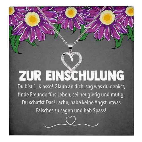Einschulung Geschenk Mädchen Schmuck zum Schulanfang, 1. Klasse Alles Gute Erstklässler, Idee für Patenkind Tochter Enkelin von Oma Opa Mama Papa - Echt Silber 925 Herz Halskette mit Karte von 22Feels