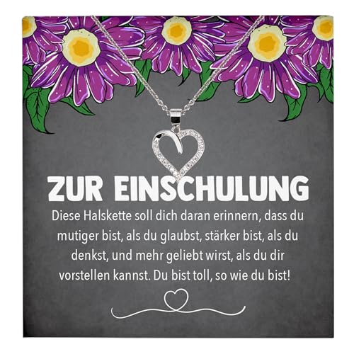 Einschulung Geschenk Mädchen Schmuck zum Schulanfang, 1. Klasse Glückwunsch Erstklässler, Idee für Patenkind Tochter Enkelin von Oma Opa Mama Papa - Echt Silber 925 Herz Halskette mit Karte von 22Feels