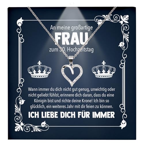 22Feels 30. Hochzeitstag Geschenk Ehefrau Königin Frauen Schmuck - Silber 925/000 Herz Halskette Damen - An Meinen Schatz - Romantisch Ich Liebe Dich Kette - Karte Premium LED Licht Etui von 22Feels