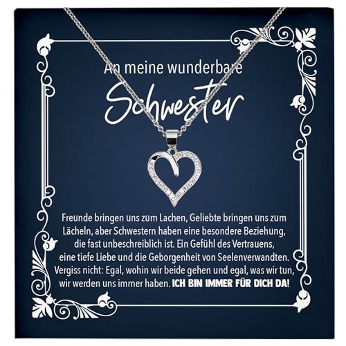 22Feels An Meine Schwester Geschenk Geburtstag Silber Schmuck Set für Frauen und Mädchen - Echt Silber 925 Herz Halskette mit Karte von 22Feels