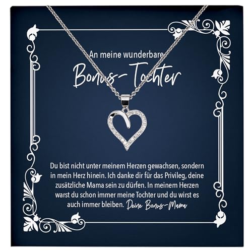 22Feels Bonus Tochter Geschenk von Stiefmama Geburtstag Weihnachten Stieftochter Frauen Schmuck Set - Echt Silber 925 Herz Halskette mit Karte von 22Feels