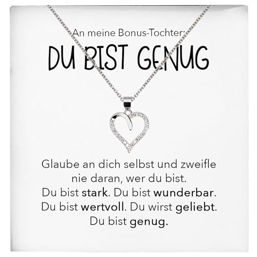 22Feels Du Bist Genug Stieftochter Geschenk Silber 925/000 Herz Halskette mit Karte Mädchen Frauen Schmuck Geburtstag Weihnachten Firmung Konfirmation etc. von 22Feels