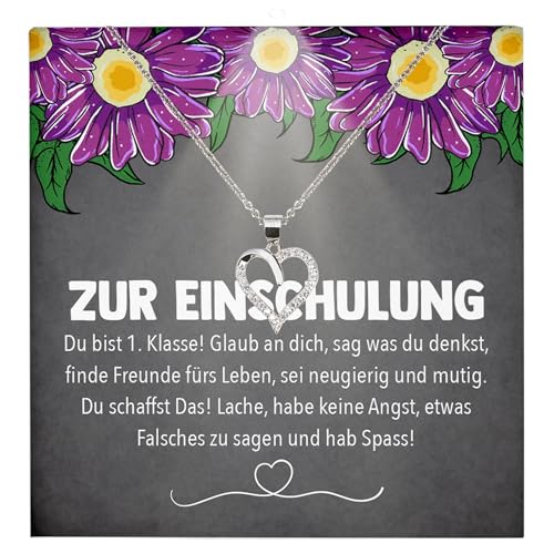 22Feels Einschulung Geschenk Mädchen Schulanfang 1. Klasse Glückwunsch Erstklässler - Silber 925/000 Herz Halskette - Idee Patenkind Tochter Enkelin - Karte Premium Licht Etui von 22Feels