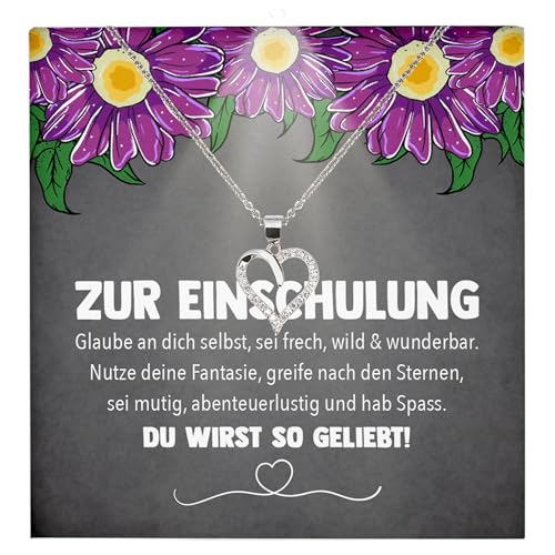 22Feels Einschulung Geschenk Mädchen Schulanfang 1. Klasse Glückwunsch Erstklässler - Silber 925/000 Herz Halskette - Idee Patenkind Tochter Enkelin - Karte Premium Licht Etui von 22Feels