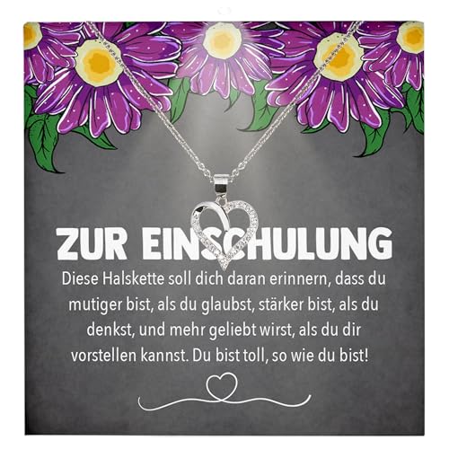 22Feels Einschulung Geschenk Mädchen Schulanfang 1. Klasse Glückwunsch Erstklässler - Silber 925/000 Herz Halskette - Idee Patenkind Tochter Enkelin - Karte Premium Licht Etui von 22Feels
