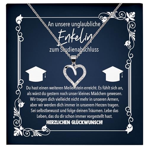 22Feels Enkelin Uni Abschluss Geschenk Frauen, Master Bachelor Absolventin Schmuck Set, PhD Hochschule - Echt Silber 925 Herz Halskette mit Karte von 22Feels