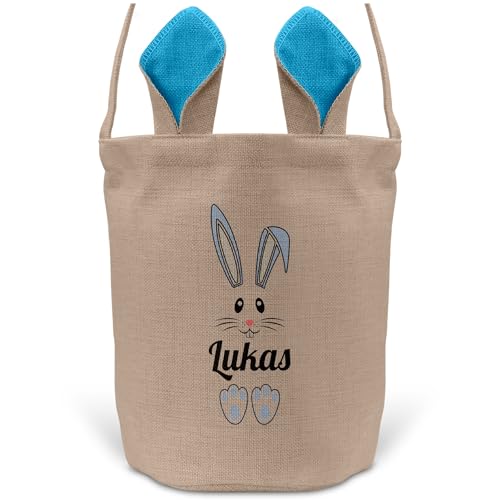 22Feels Jungs Osterkorb Personalisiert Kinder Ostern Geschenk Sohn Enkel Tragetasche mit Henkel Name Hasenohren Deko Beutel Osternest Körbchen (Beige/Blau) von 22Feels