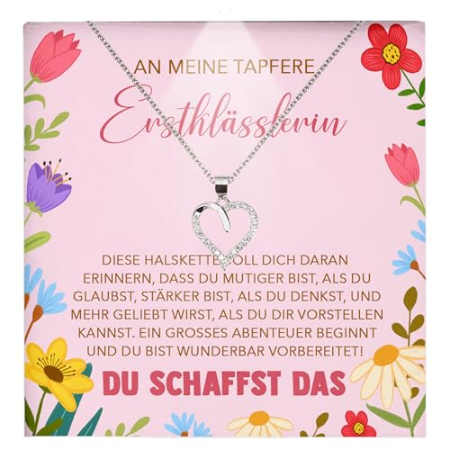 22Feels Mädchen Einschulung Geschenk zum Schulanfang 1. Klasse Glückwunsch Erstklässlerin - Silber 925/000 Herz Halskette Kinder-Schmuck - Idee Patenkind Tochter Enkelin - Karte Premium Licht Etui id1 von 22Feels