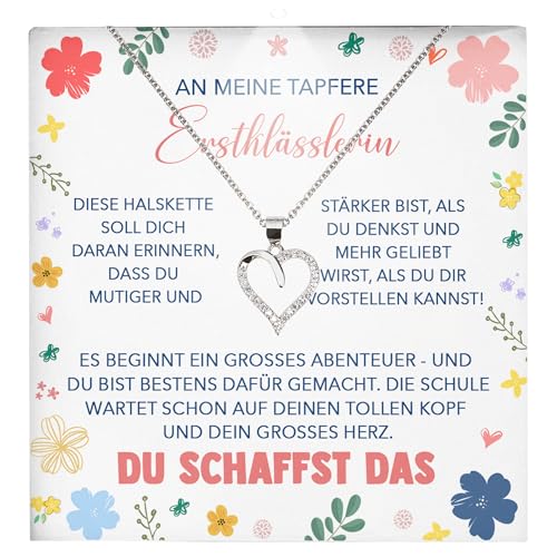 22Feels Mädchen Einschulung Geschenk zum Schulanfang 1. Klasse Glückwunsch Erstklässlerin - Silber 925/000 Herz Halskette Kinder-Schmuck - Idee Patenkind Tochter Enkelin - Karte Premium Licht Etui id2 von 22Feels