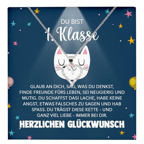22Feels Mädchen Einschulung Geschenk zum Schulanfang 1. Klasse Glückwunsch Erstklässlerin - Silber 925/000 Herz Halskette Kinder-Schmuck - Idee Patenkind Tochter Enkelin - Karte Premium Licht Etui id3 von 22Feels