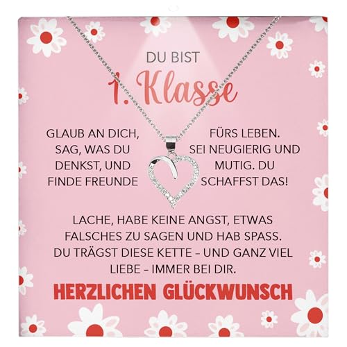 22Feels Mädchen Einschulung Geschenk zum Schulanfang 1. Klasse Glückwunsch Erstklässlerin - Silber 925/000 Herz Halskette Kinder-Schmuck - Idee Patenkind Tochter Enkelin - Karte Premium Licht Etui id4 von 22Feels