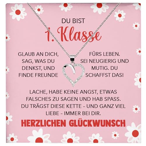 22Feels Mädchen Einschulung Geschenk zum Schulanfang 1. Klasse - Silber 925/000 Herz Halskette Kinder-Schmuck - Glückwunsch Erstklässlerin Idee Patenkind Tochter Enkelin Nichte id10 von 22Feels