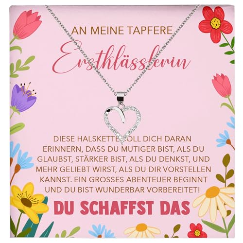 22Feels Mädchen Einschulung Geschenk zum Schulanfang 1. Klasse - Silber 925/000 Herz Halskette Kinder-Schmuck - Glückwunsch Erstklässlerin Idee Patenkind Tochter Enkelin Nichte id7 von 22Feels
