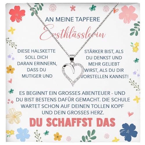 22Feels Mädchen Einschulung Geschenk zum Schulanfang 1. Klasse - Silber 925/000 Herz Halskette Kinder-Schmuck - Glückwunsch Erstklässlerin Idee Patenkind Tochter Enkelin Nichte id8 von 22Feels