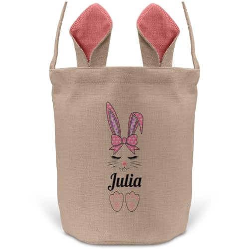 22Feels Mädchen Osterkorb Personalisiert Kinder Ostern Geschenk Tochter Enkelin Tragetasche mit Henkel Namen Hasenohren Deko Beutel Osternest Körbchen (Beige/Pink) von 22Feels