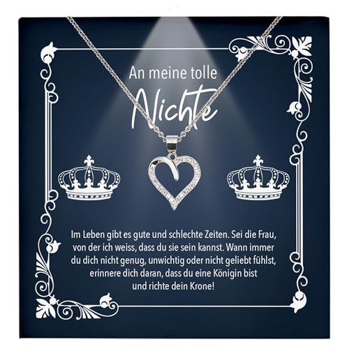 22Feels Nichte Geschenk Schmuck - Silber 925/000 Herz Halskette Mädchen Frauen - Karte Premium LED Licht Etui - Konfirmation Firmung 18. Geburtstag Weihnachten Schulabschluss Bachelor Master von 22Feels
