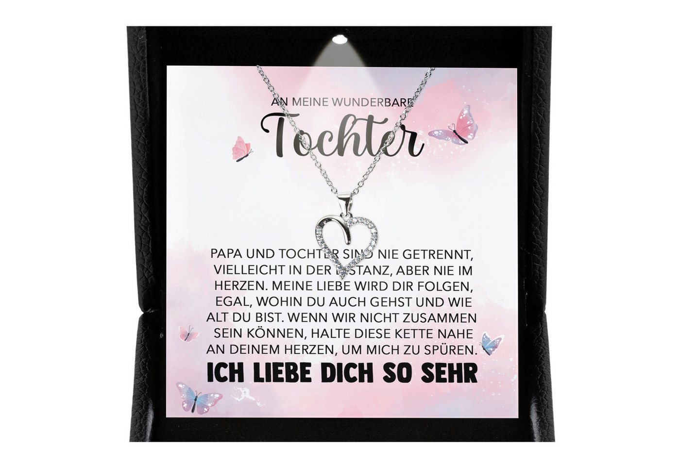 22Feels Schmuckset An Meine Tochter Geschenk von Papa Mädchen Frauen Herz Halskette Karte (inkl. Geschenktasche, Karte, Poliertuch, Beutel), Premium Licht Etui, Silber 925/000, Karte Made In Germany von 22Feels