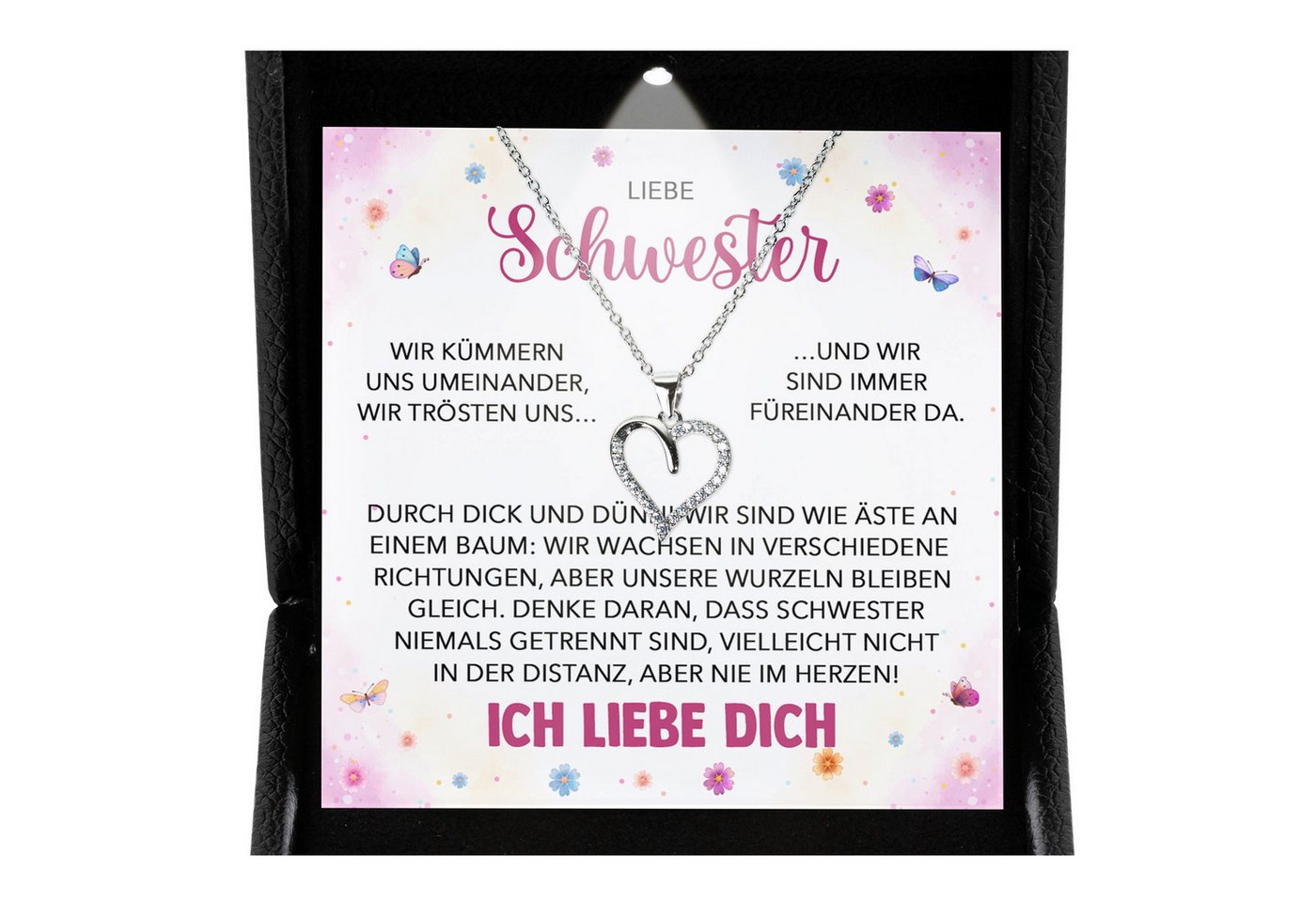 22Feels Schmuckset Liebe Schwester Geschenk Frauen Mädchen Herz Halskette Geschwister (inkl. Geschenktasche, Karte, Poliertuch, Beutel), Premium Licht Etui, Silber 925/000, Karte Made In Germany von 22Feels