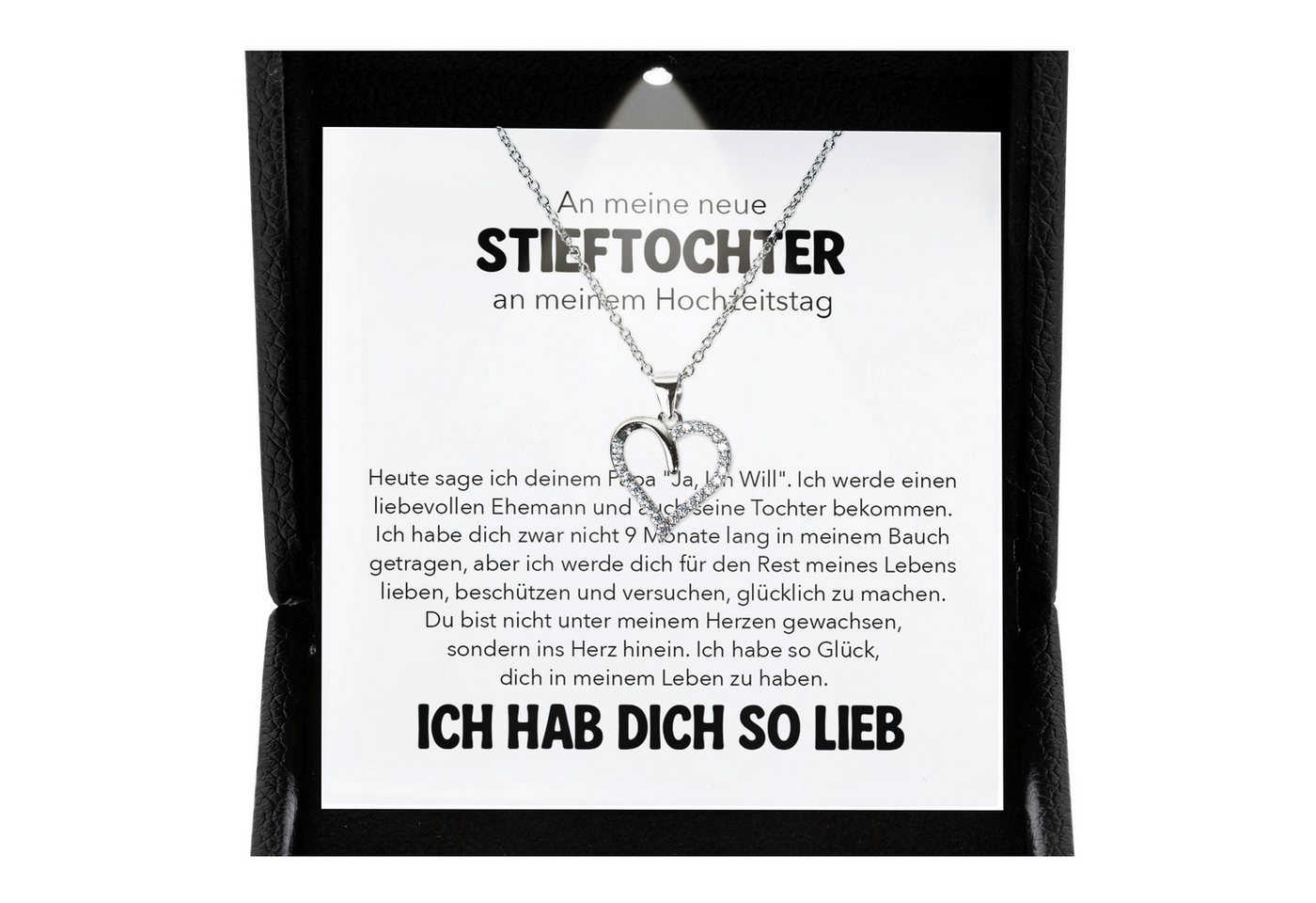 22Feels Schmuckset Neue Stieftochter Geschenk zur Hochzeit der Stiefmutter Herz Halskette (inkl. Geschenktasche, Karte, Poliertuch, Beutel), Premium Licht Etui, Silber 925/000, Karte Made In Germany von 22Feels