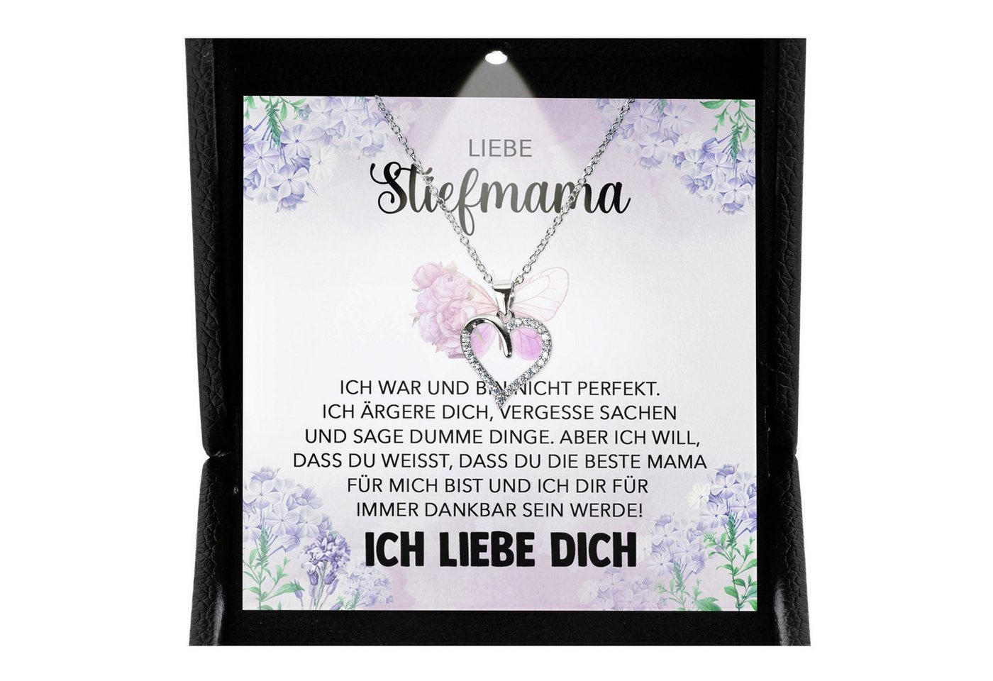 22Feels Schmuckset Stiefmama Geschenk Muttertag Bonus-Mama Herz Halskette Geburtstag (inkl. Geschenktasche, Karte, Poliertuch, Beutel), Premium Licht Etui, Silber 925/000, Karte Made In Germany von 22Feels