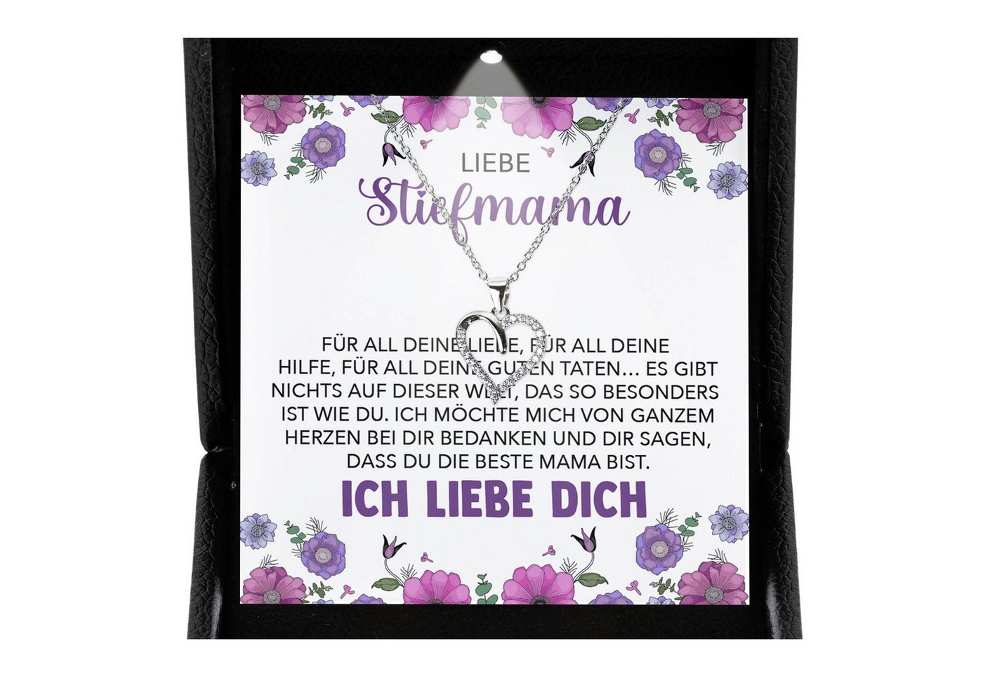 22Feels Schmuckset Stiefmama Geschenk Muttertag Bonus-Mama Herz Halskette Geburtstag (inkl. Geschenktasche, Karte, Poliertuch, Beutel), Premium Licht Etui, Silber 925/000, Karte Made In Germany von 22Feels