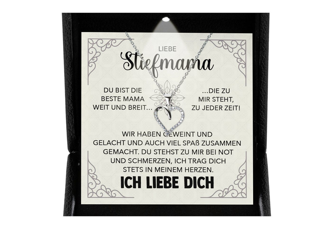 22Feels Schmuckset Stiefmama Geschenk Muttertag Bonus-Mama Herz Halskette Geburtstag (inkl. Geschenktasche, Karte, Poliertuch, Beutel), Premium Licht Etui, Silber 925/000, Karte Made In Germany von 22Feels