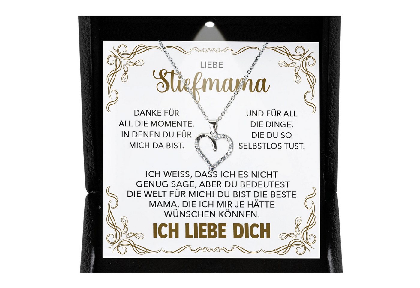 22Feels Schmuckset Stiefmama Geschenk Muttertag Bonus-Mama Herz Halskette Geburtstag (inkl. Geschenktasche, Karte, Poliertuch, Beutel), Premium Licht Etui, Silber 925/000, Karte Made In Germany von 22Feels