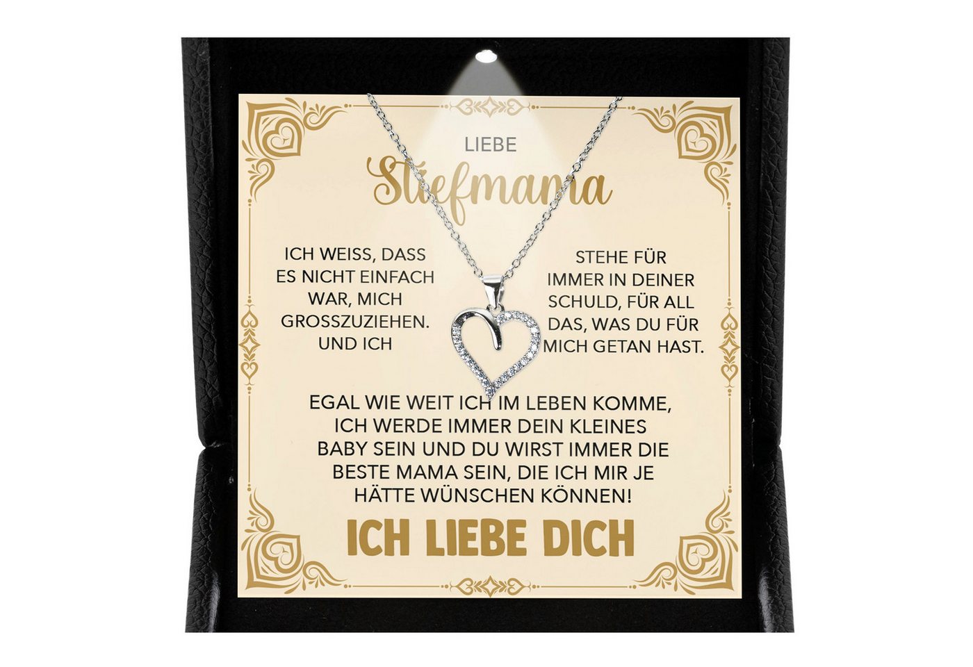 22Feels Schmuckset Stiefmama Geschenk Muttertag Bonus-Mama Herz Halskette Geburtstag (inkl. Geschenktasche, Karte, Poliertuch, Beutel), Premium Licht Etui, Silber 925/000, Karte Made In Germany von 22Feels