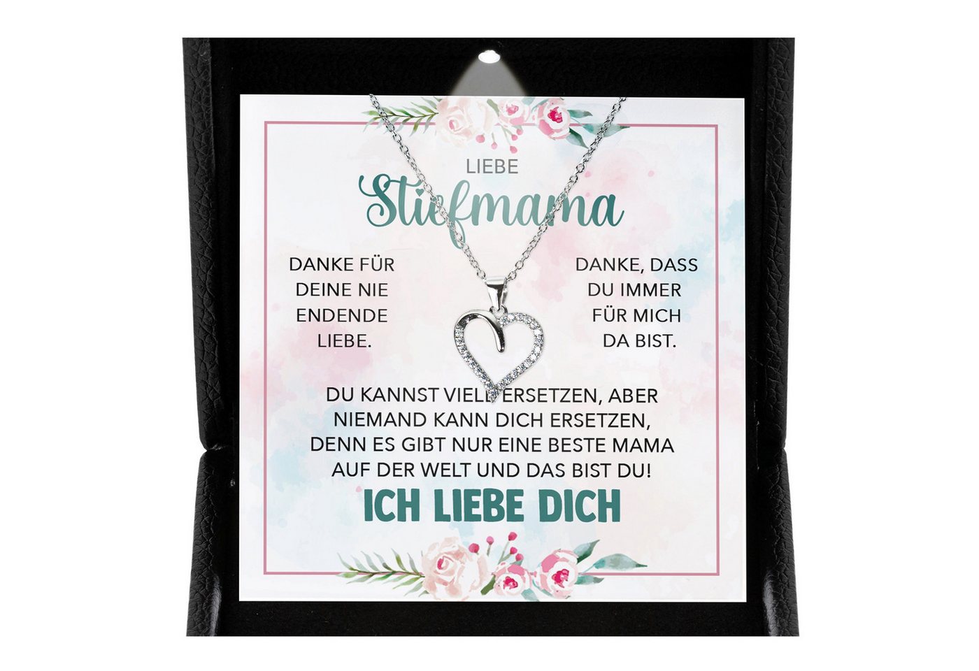 22Feels Schmuckset Stiefmama Geschenk Muttertag Bonus-Mama Herz Halskette Geburtstag (inkl. Geschenktasche, Karte, Poliertuch, Beutel), Premium Licht Etui, Silber 925/000, Karte Made In Germany von 22Feels