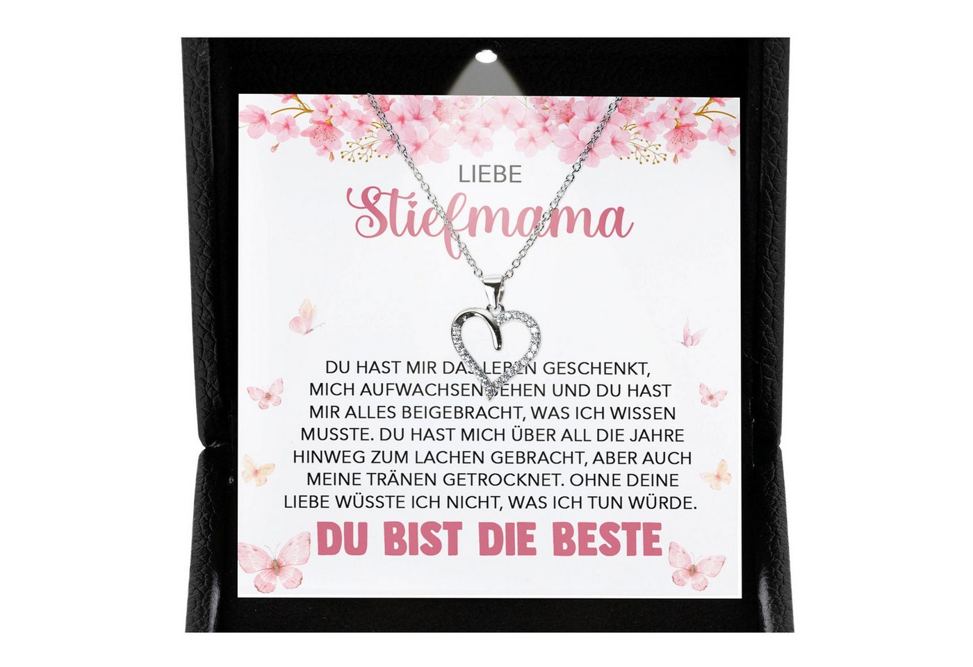 22Feels Schmuckset Stiefmutter Geschenk Muttertag Bonus-Mama Herz Halskette Geburtstag (inkl. Geschenktasche, Karte, Poliertuch, Beutel), Premium Licht Etui, Silber 925/000, Karte Made In Germany von 22Feels