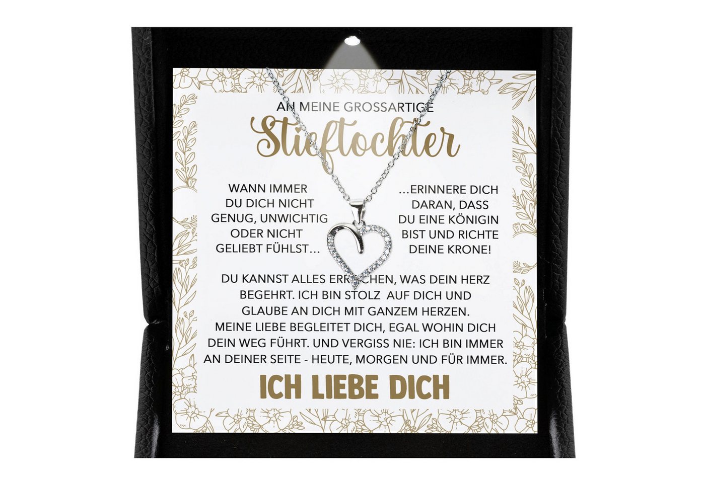 22Feels Schmuckset Stieftochter Geschenk Bonus-Tochter Mädchen Herz Halskette Frauen (inkl. Geschenktasche, Karte, Poliertuch, Beutel), Premium Licht Etui, Silber 925/000, Karte Made In Germany von 22Feels