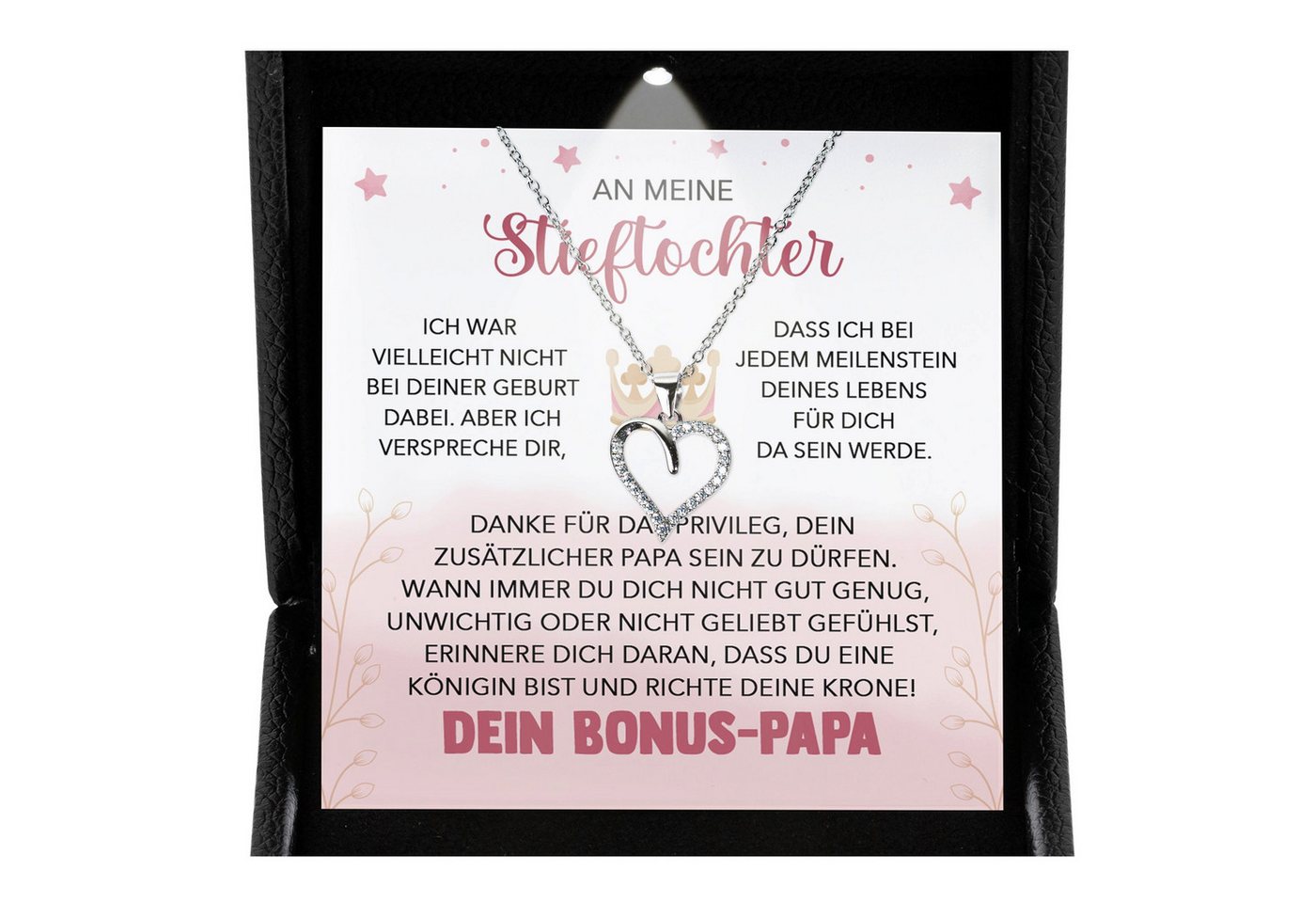 22Feels Schmuckset Stieftochter Geschenk Bonus-Tochter Mädchen Herz Halskette Frauen (inkl. Geschenktasche, Karte, Poliertuch, Beutel), Premium Licht Etui, Silber 925/000, Karte Made In Germany von 22Feels