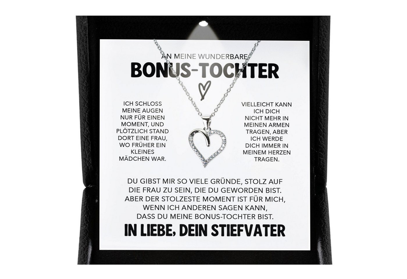 22Feels Schmuckset Stieftochter Geschenk Bonus-Tochter Mädchen Herz Halskette Frauen (inkl. Geschenktasche, Karte, Poliertuch, Beutel), Premium Licht Etui, Silber 925/000, Karte Made In Germany von 22Feels
