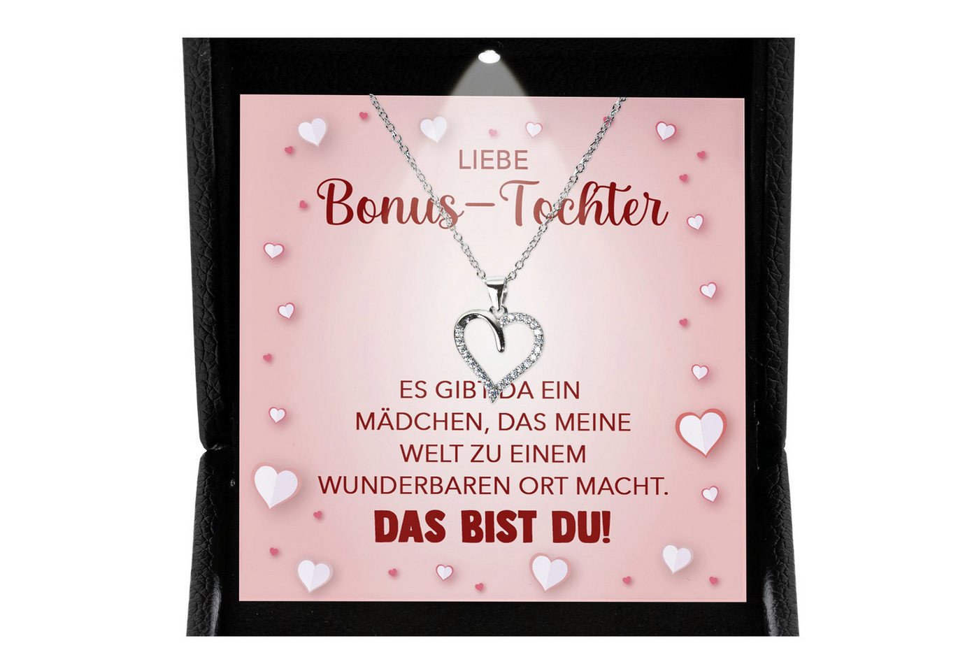 22Feels Schmuckset Stieftochter Geschenk Bonus-Tochter Mädchen Herz Halskette Frauen (inkl. Geschenktasche, Karte, Poliertuch, Beutel), Premium Licht Etui, Silber 925/000, Karte Made In Germany von 22Feels