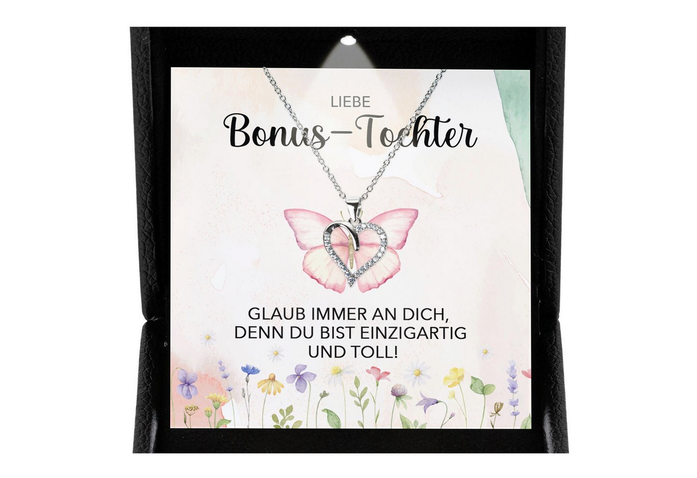 22Feels Schmuckset Stieftochter Geschenk Bonus-Tochter Mädchen Herz Halskette Frauen (inkl. Geschenktasche, Karte, Poliertuch, Beutel), Premium Licht Etui, Silber 925/000, Karte Made In Germany von 22Feels