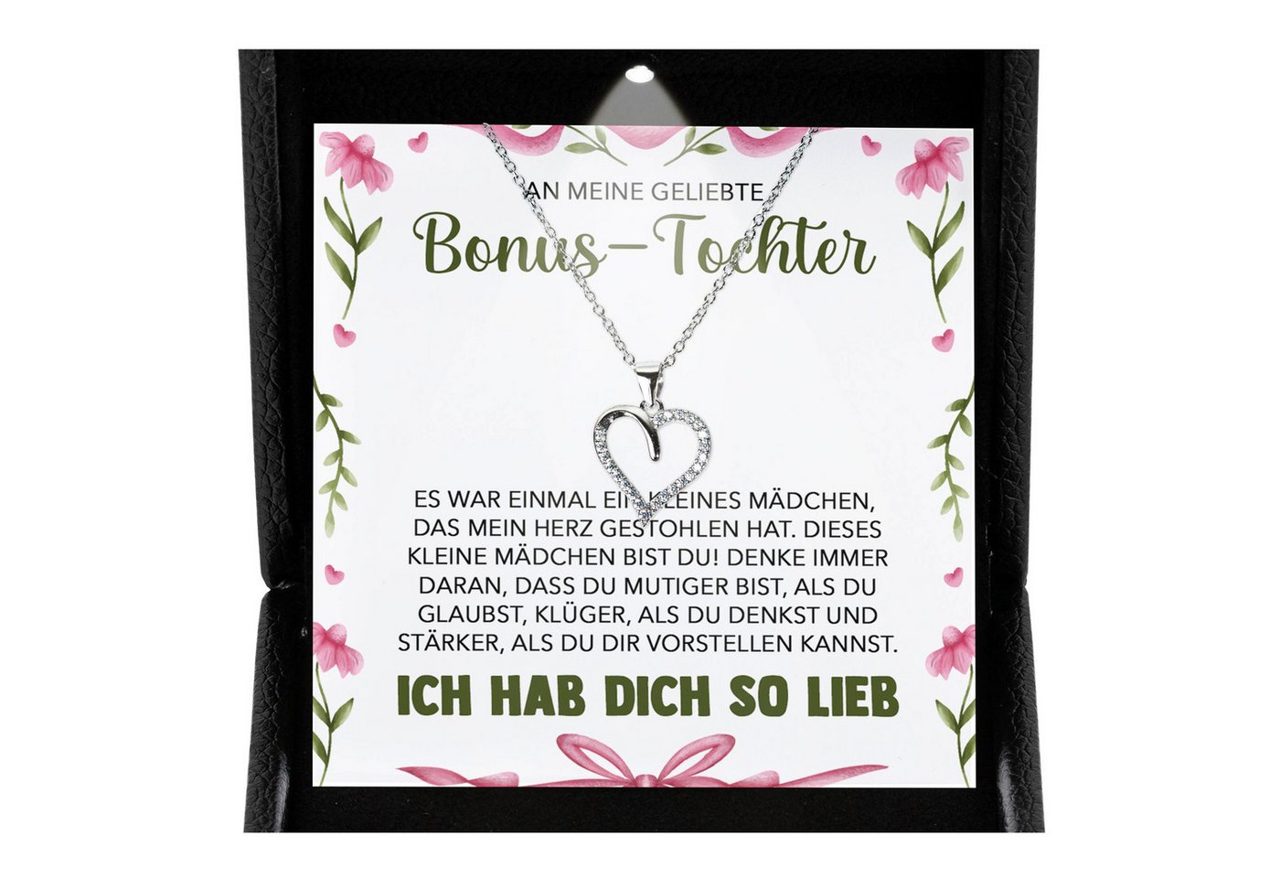 22Feels Schmuckset Stieftochter Geschenk Bonus-Tochter Mädchen Herz Halskette Frauen (inkl. Geschenktasche, Karte, Poliertuch, Beutel), Premium Licht Etui, Silber 925/000, Karte Made In Germany von 22Feels