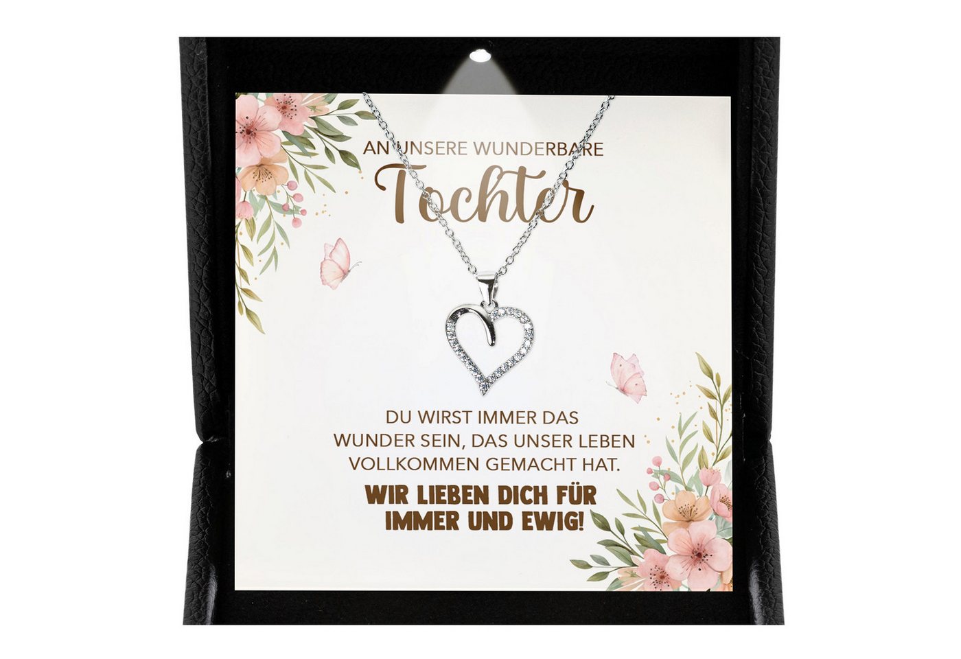22Feels Schmuckset Unsere Tochter Geschenk von Mama Papa Mädchen Frauen Herz Halskette (inkl. Geschenktasche, Karte, Poliertuch, Beutel), Premium Licht Etui, Silber 925/000, Karte Made In Germany von 22Feels