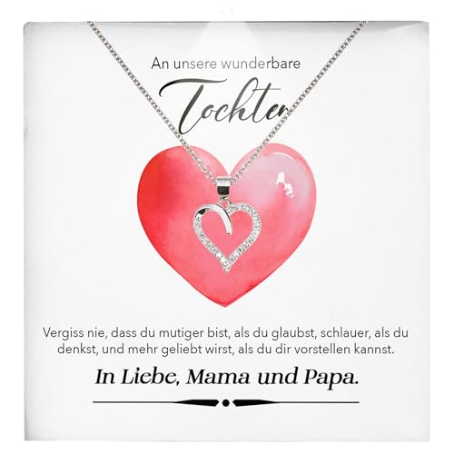 22Feels Unsere Tochter Geschenk Mädchen Schmuck Frauen - Silber 925/000 Herz Halskette - Konfirmation Firmung 18. Geburtstag Weihnachten Schulabschluss Bachelor Master - Karte Premium LED Licht Etui von 22Feels