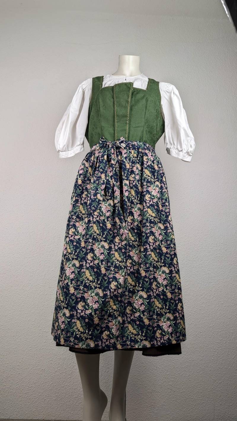 Dirndl Kleid Vintage | L Midi Handmade Grün Braun Optional Mit Blau Gemusterter Blumenschürze von 22nddresses