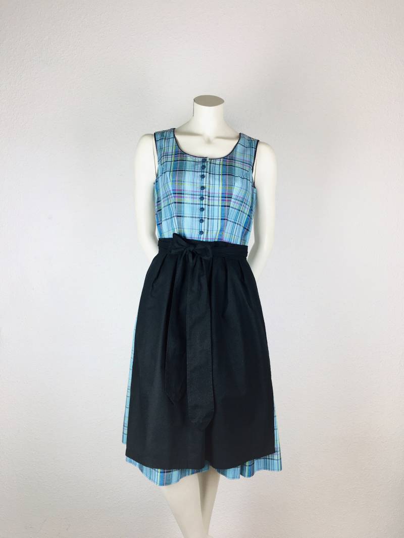 Dirndl Kleid Vintage | M Midi Türkis Bunt Kariert Optional Mit Schwarzer Schürze von 22nddresses