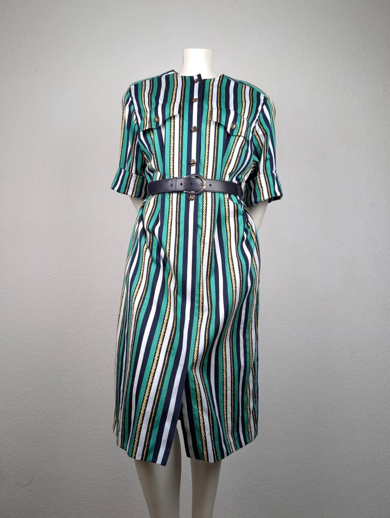 Kleid Vintage | L Weiß Blau Grün Gestreift Maritim Von Sporting Dress von 22nddresses