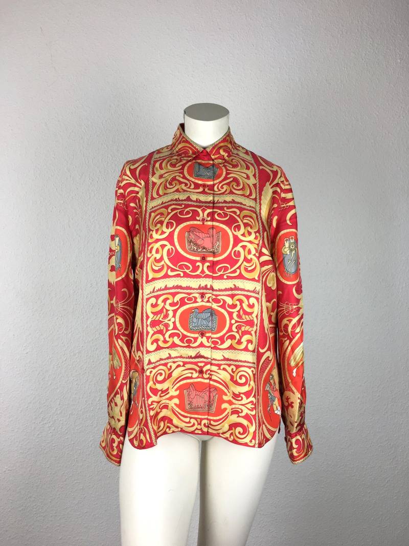Seidenbluse Hermes - Paris | L/42 Original Vintage Rot Gold/Gelb 100% Seide Außergewöhnliches & Seltenes Fundstück von 22nddresses