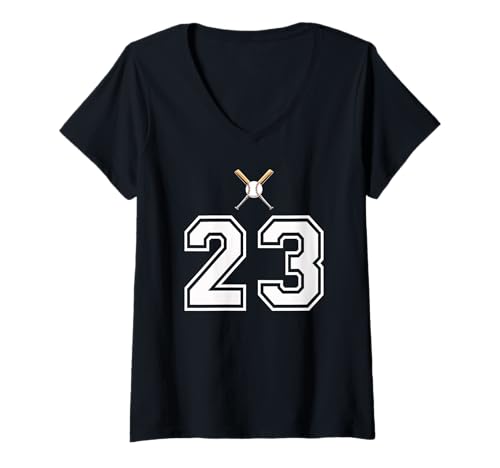 Damen 23 Nummer Baseball Style Vintage Weiß T-Shirt mit V-Ausschnitt Damen 23 Nummer Baseball Style Vintage Weiß T-Shirt mit V-Ausschnitt von 23 Nummer Baseball Style Weiß