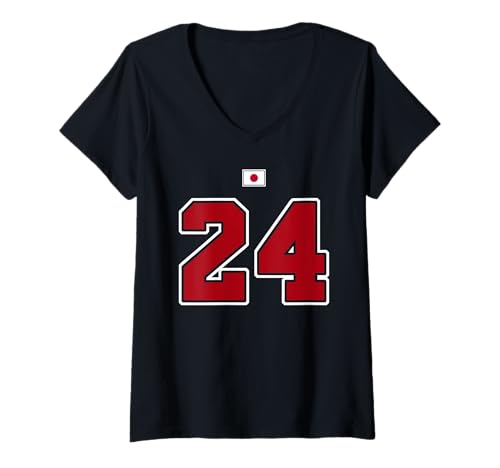 Damen 24 Nummer College Style Vintage Rot Weiß Japan Flagge T-Shirt mit V-Ausschnitt Damen 24 Nummer College Style Vintage Rot Weiß Japan Flagge T-Shirt mit V-Ausschnitt von 24 Nummer College Style Rot Weiß Japan