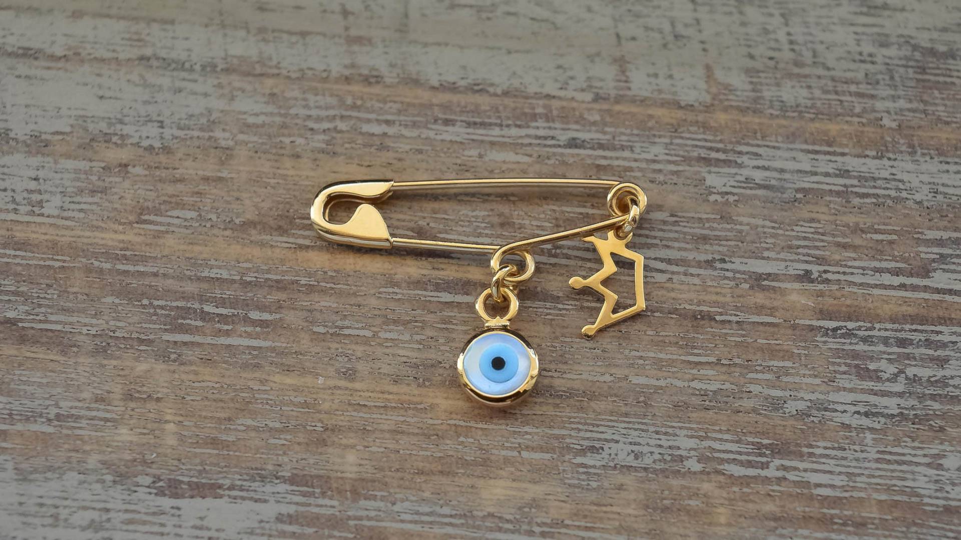 Evil Eye Pin Gold Safety Brosche Geburtsankündigung Taufe Baby Mädchen Dusche Geschenk Glück 9K 14K 18K von 24jewels