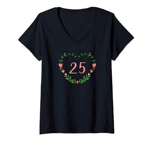 25. Geburtstag Frau Damen Blumen Herz Kranz T-Shirt mit V-Ausschnitt von 25 Jahre Alt Frauen Geburtstag Geschenk Gebgesch